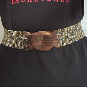 Vintage Beaded Multicolor Stretch Belt with Wooden Buckle
